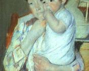 玛丽 史帝文森 卡萨特 : 母亲和孩子紧靠绿色的背景